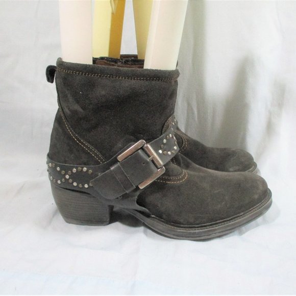 JOSEF SEIBEL Leather Booties Ankle Boots Shoes Buckle Stud CHARCOAL Boho Hipster - Picture 1 of 9